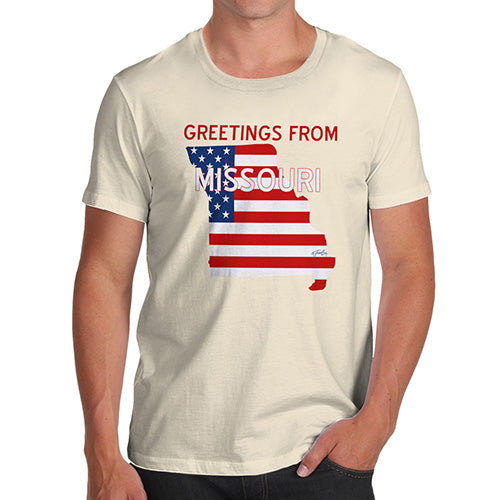 Novelty Tshirts Men Greetings From Missouri USA Flag Men's T-Shirt Large Natural