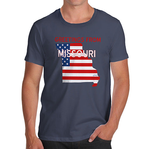 Mens Novelty T Shirt Christmas Greetings From Missouri USA Flag Men's T-Shirt Large Navy