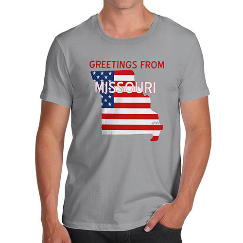 Funny Tee For Men Greetings From Missouri USA Flag Men's T-Shirt Medium Light Grey
