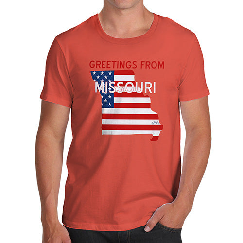 Funny Tee Shirts For Men Greetings From Missouri USA Flag Men's T-Shirt Medium Orange