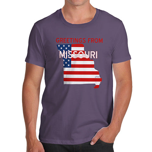 Mens Novelty T Shirt Christmas Greetings From Missouri USA Flag Men's T-Shirt Medium Plum