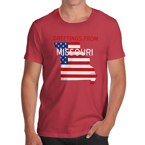 Funny T Shirts For Men Greetings From Missouri USA Flag Men's T-Shirt Medium Red