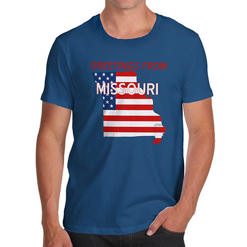Funny Mens T Shirts Greetings From Missouri USA Flag Men's T-Shirt Large Royal Blue