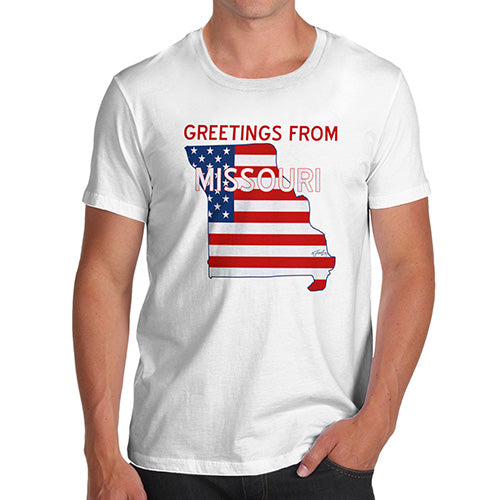 Funny Gifts For Men Greetings From Missouri USA Flag Men's T-Shirt Small White