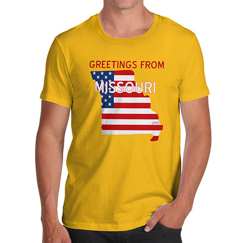 Funny Tee For Men Greetings From Missouri USA Flag Men's T-Shirt X-Large Yellow