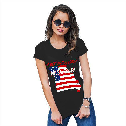Funny T Shirts For Mom Greetings From Missouri USA Flag Women's T-Shirt Small Black