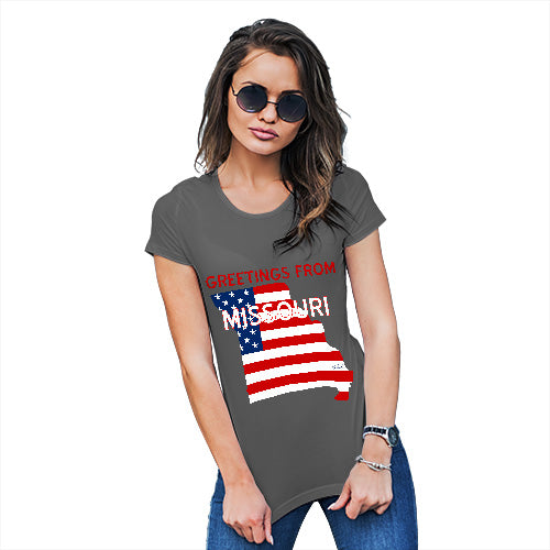 Womens Funny T Shirts Greetings From Missouri USA Flag Women's T-Shirt X-Large Dark Grey