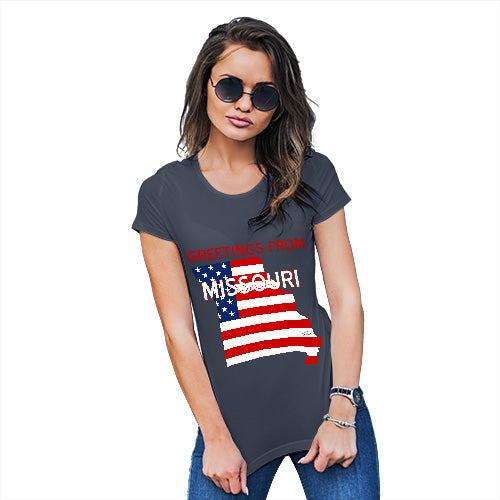 Womens Humor Novelty Graphic Funny T Shirt Greetings From Missouri USA Flag Women's T-Shirt Large Navy