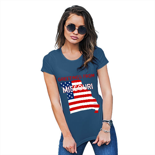 Womens Funny T Shirts Greetings From Missouri USA Flag Women's T-Shirt Medium Royal Blue
