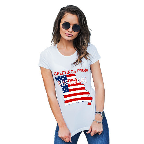 Novelty Gifts For Women Greetings From Missouri USA Flag Women's T-Shirt X-Large White