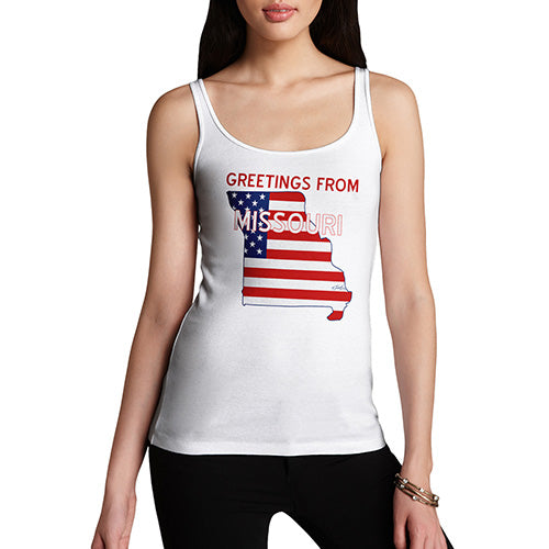 Novelty Tank Top Women Greetings From Missouri USA Flag Women's Tank Top Small White