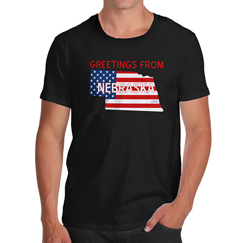 Funny T-Shirts For Guys Greetings From Nebraska USA Flag Men's T-Shirt Large Black