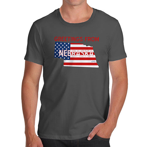Funny Tee For Men Greetings From Nebraska USA Flag Men's T-Shirt Small Dark Grey
