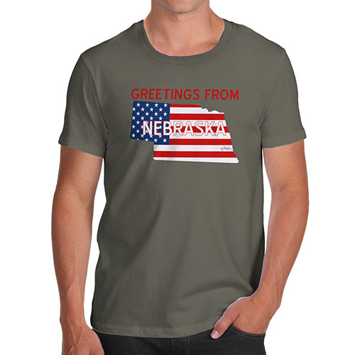 Funny Mens T Shirts Greetings From Nebraska USA Flag Men's T-Shirt Medium Khaki