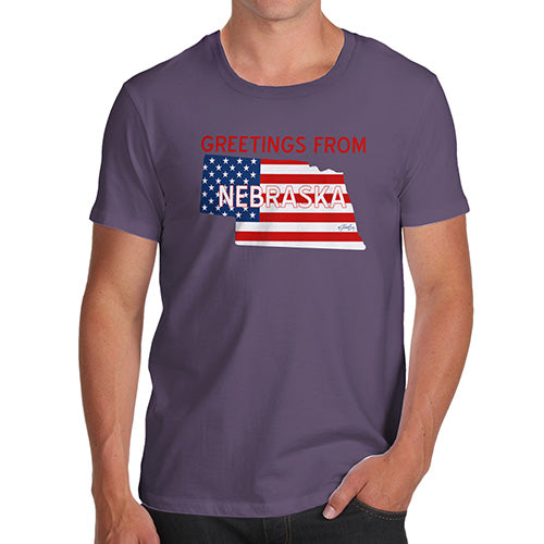 Funny T Shirts For Dad Greetings From Nebraska USA Flag Men's T-Shirt Medium Plum