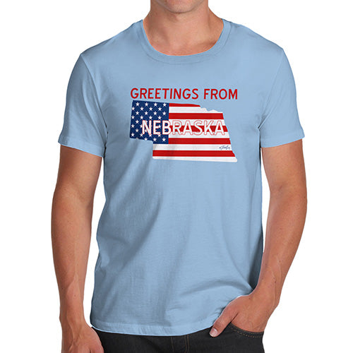 Novelty Tshirts Men Funny Greetings From Nebraska USA Flag Men's T-Shirt Medium Sky Blue