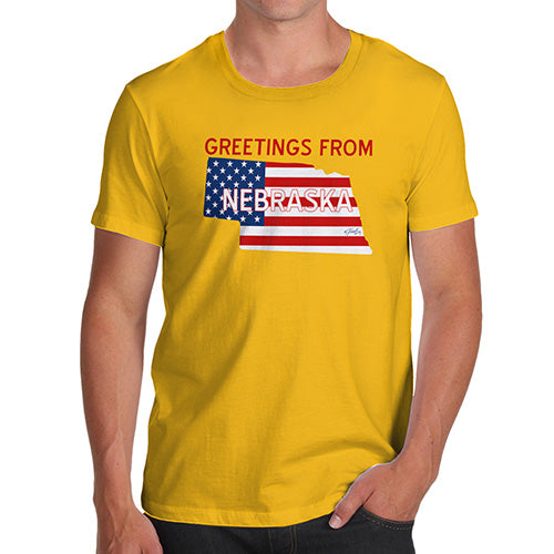 Novelty Tshirts Men Greetings From Nebraska USA Flag Men's T-Shirt X-Large Yellow