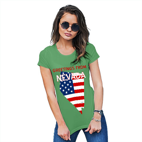 Womens Novelty T Shirt Greetings From Nevada USA Flag Women's T-Shirt Small Green