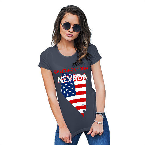 Womens Humor Novelty Graphic Funny T Shirt Greetings From Nevada USA Flag Women's T-Shirt Small Navy