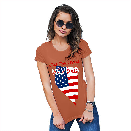 Womens Funny Tshirts Greetings From Nevada USA Flag Women's T-Shirt Small Orange