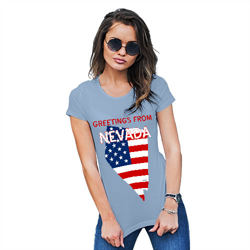 Funny Shirts For Women Greetings From Nevada USA Flag Women's T-Shirt Large Sky Blue