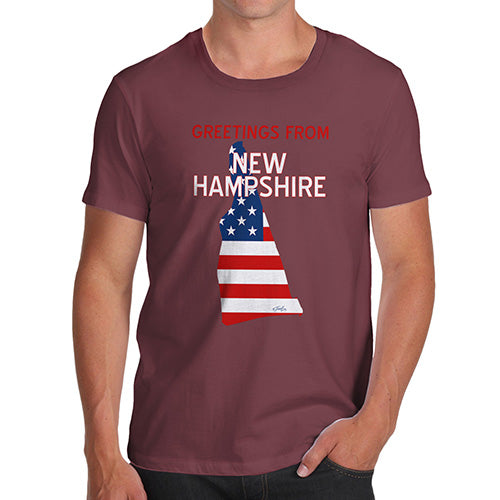 Novelty Tshirts Men Funny Greetings From New Hampshire USA Flag Men's T-Shirt Medium Burgundy