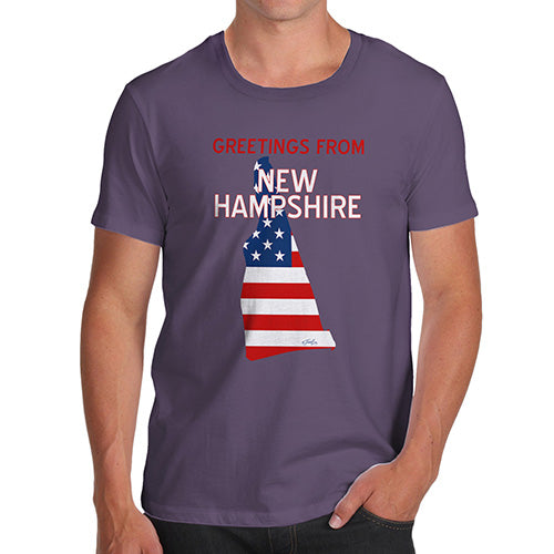 Novelty T Shirts For Dad Greetings From New Hampshire USA Flag Men's T-Shirt X-Large Plum