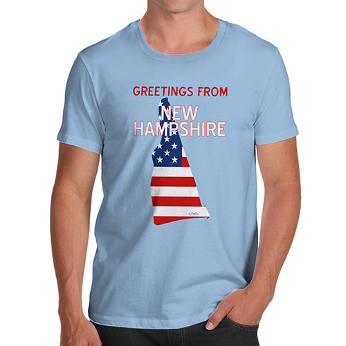 Funny Tshirts For Men Greetings From New Hampshire USA Flag Men's T-Shirt Large Sky Blue