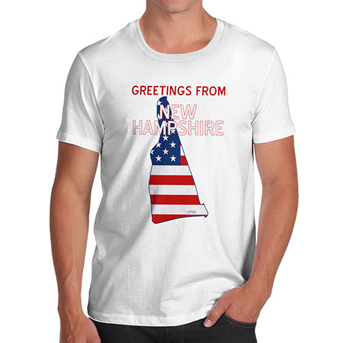 Novelty Tshirts Men Greetings From New Hampshire USA Flag Men's T-Shirt X-Large White