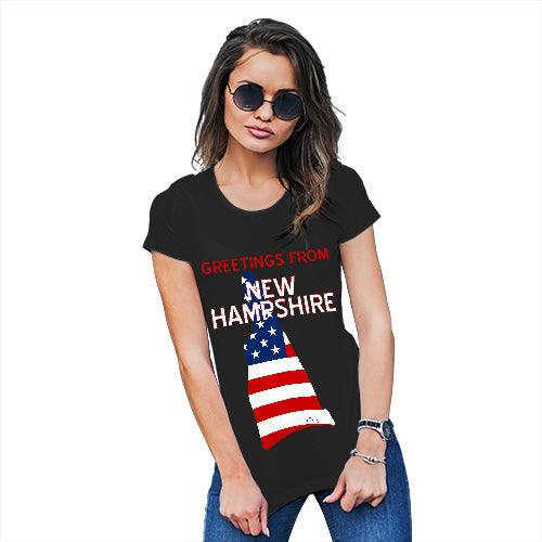 Funny Shirts For Women Greetings From New Hampshire USA Flag Women's T-Shirt Small Black