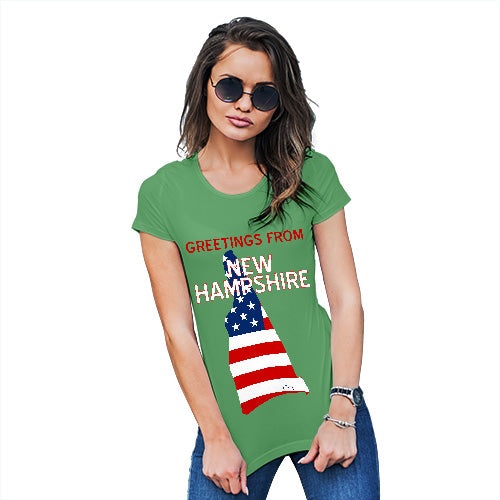 Funny Tee Shirts For Women Greetings From New Hampshire USA Flag Women's T-Shirt Small Green