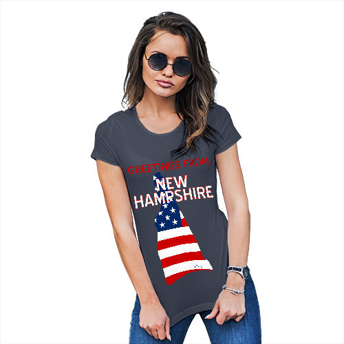 Novelty Gifts For Women Greetings From New Hampshire USA Flag Women's T-Shirt Medium Navy