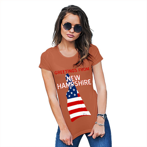 Womens T-Shirt Funny Geek Nerd Hilarious Joke Greetings From New Hampshire USA Flag Women's T-Shirt Small Orange