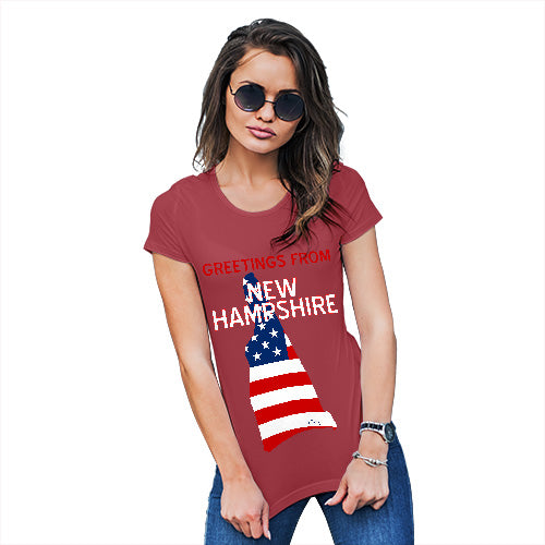 Novelty Tshirts Women Greetings From New Hampshire USA Flag Women's T-Shirt Small Red