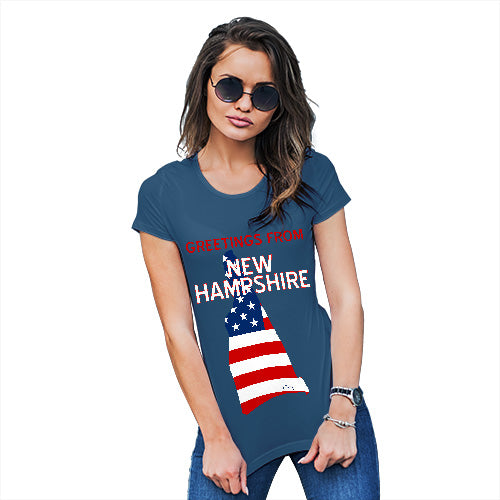 Funny Tshirts For Women Greetings From New Hampshire USA Flag Women's T-Shirt X-Large Royal Blue