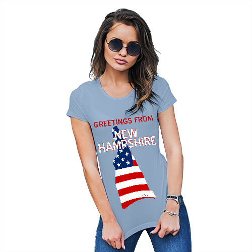 Funny Tee Shirts For Women Greetings From New Hampshire USA Flag Women's T-Shirt Small Sky Blue