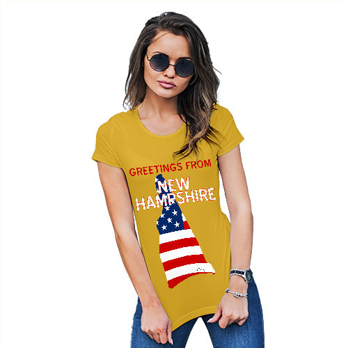 Womens Humor Novelty Graphic Funny T Shirt Greetings From New Hampshire USA Flag Women's T-Shirt Small Yellow