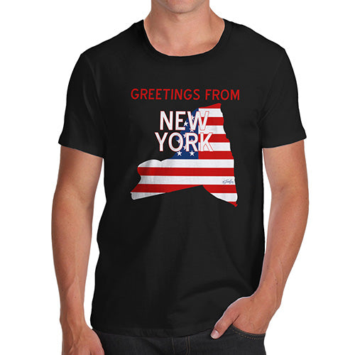 Funny T Shirts For Men Greetings From New York USA Flag Men's T-Shirt Small Black