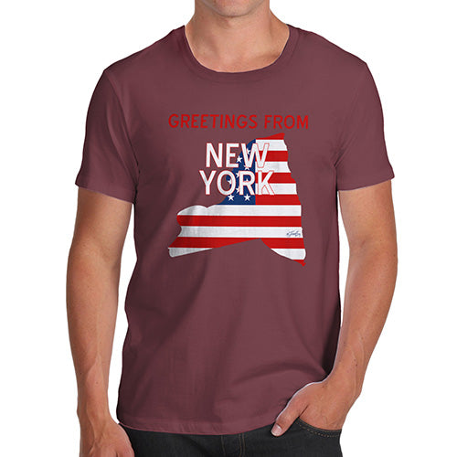 Funny Mens Tshirts Greetings From New York USA Flag Men's T-Shirt Small Burgundy