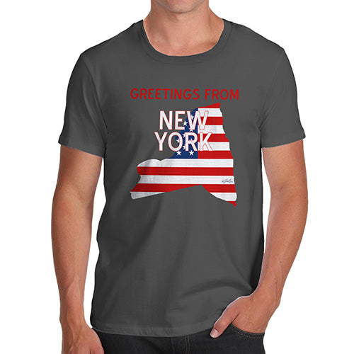 Mens Funny Sarcasm T Shirt Greetings From New York USA Flag Men's T-Shirt X-Large Dark Grey
