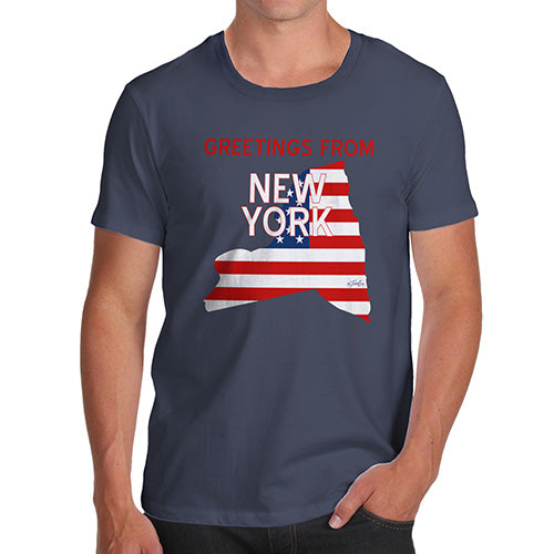 Funny T-Shirts For Guys Greetings From New York USA Flag Men's T-Shirt Small Navy