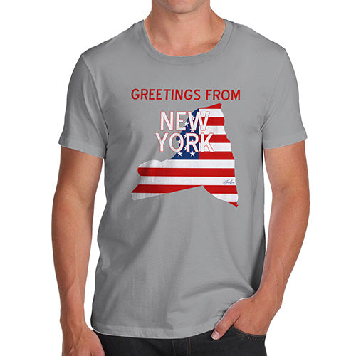 Funny T-Shirts For Guys Greetings From New York USA Flag Men's T-Shirt Small Light Grey
