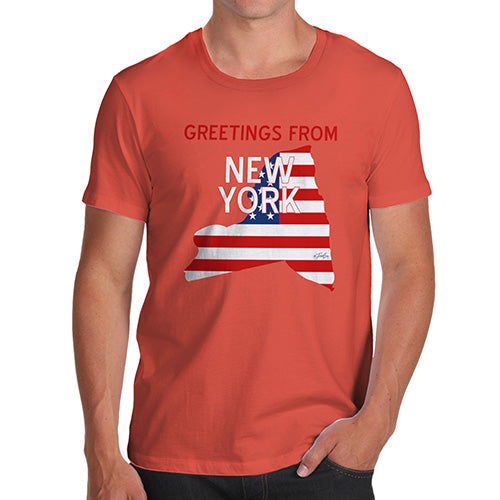 Funny T-Shirts For Men Greetings From New York USA Flag Men's T-Shirt X-Large Orange