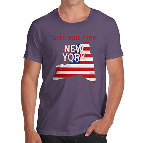 Novelty T Shirts For Dad Greetings From New York USA Flag Men's T-Shirt Medium Plum