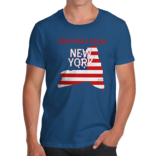Funny T Shirts For Dad Greetings From New York USA Flag Men's T-Shirt Small Royal Blue