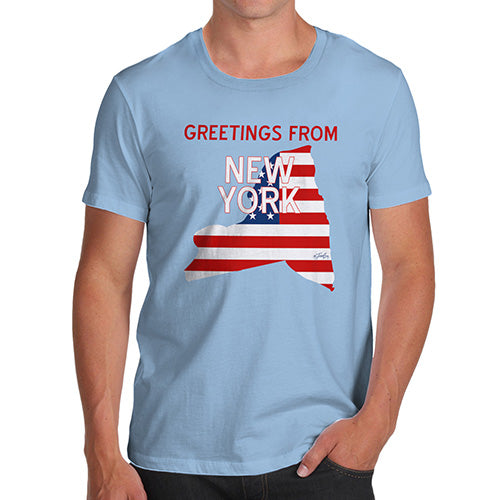 Novelty Tshirts Men Funny Greetings From New York USA Flag Men's T-Shirt Large Sky Blue