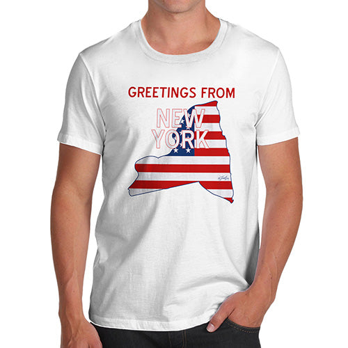 Funny T Shirts For Dad Greetings From New York USA Flag Men's T-Shirt Medium White