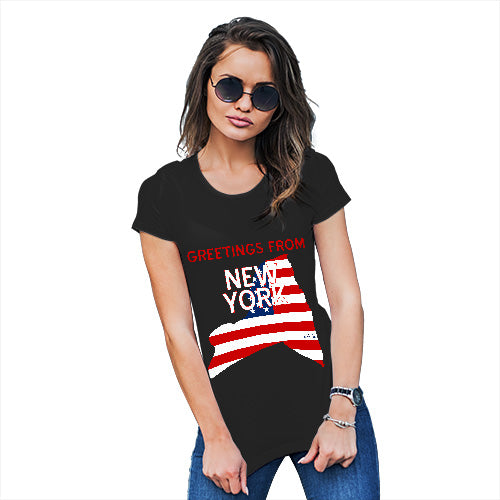 Funny Tshirts For Women Greetings From New York USA Flag Women's T-Shirt Medium Black