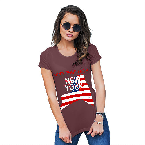Novelty Gifts For Women Greetings From New York USA Flag Women's T-Shirt Large Burgundy