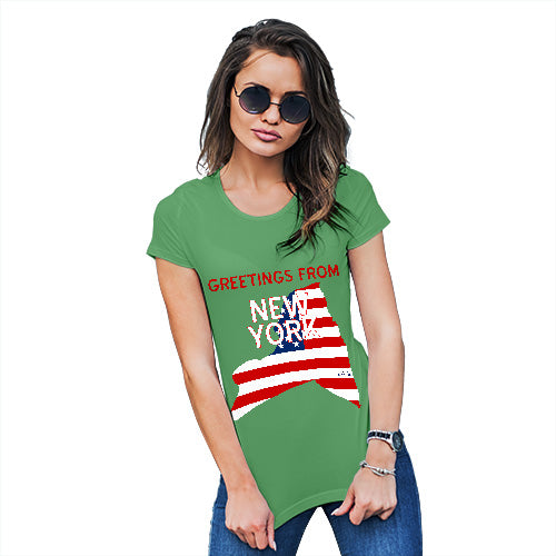 Womens Novelty T Shirt Christmas Greetings From New York USA Flag Women's T-Shirt Small Green